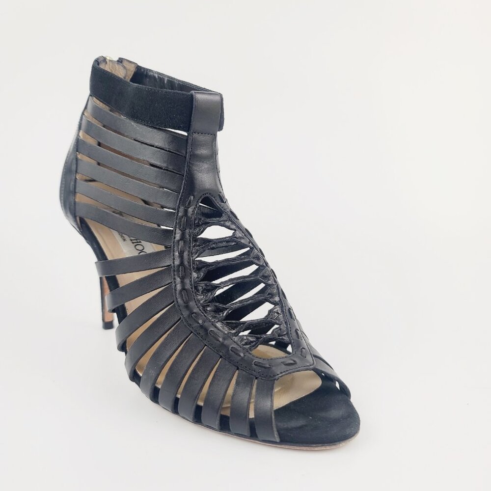 JIMMY CHOO Heels Black Gladiator Multistrap Caged Sandals Size 38 Retail $1050 - Picture 2 of 8